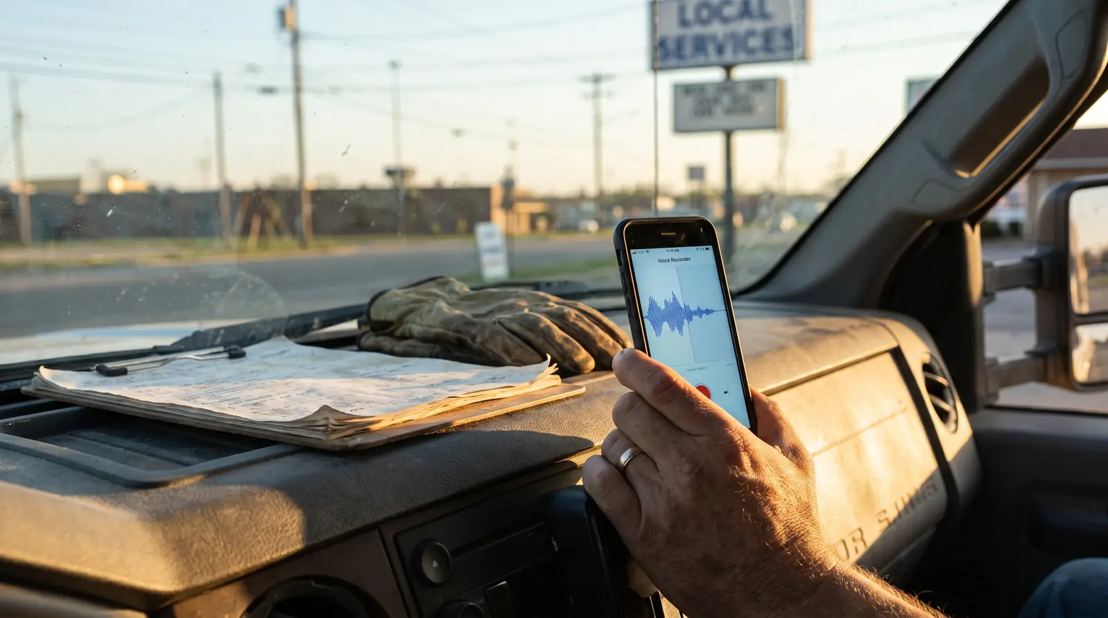 Owner recording a quick voice note on a phone in a work truck after a job