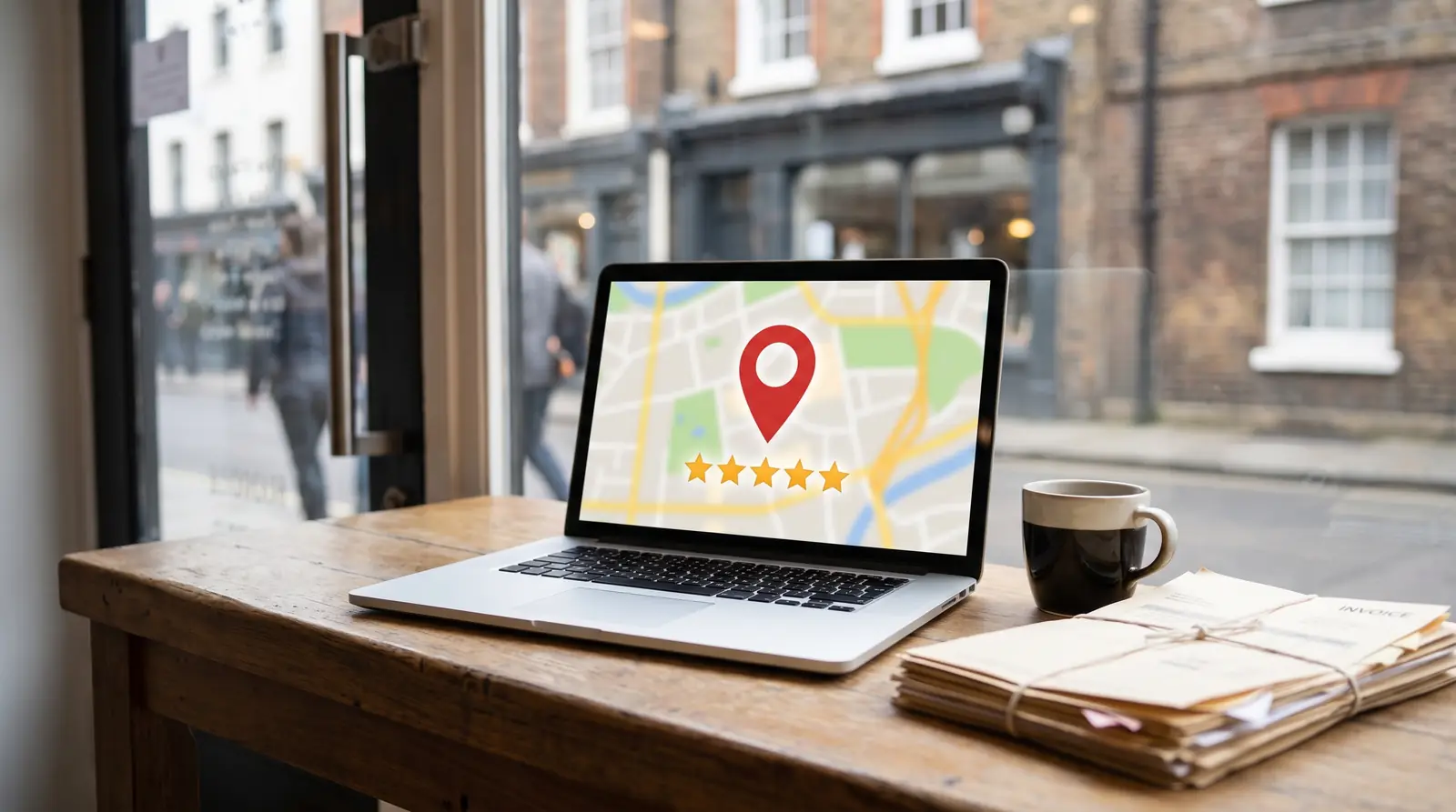 Laptop on a shop counter showing a map pin and five stars
