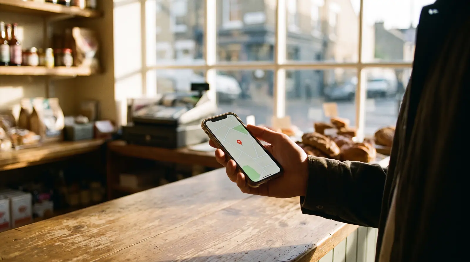 A hand holding a phone showing a plain map with a location pin at a small shop counter
