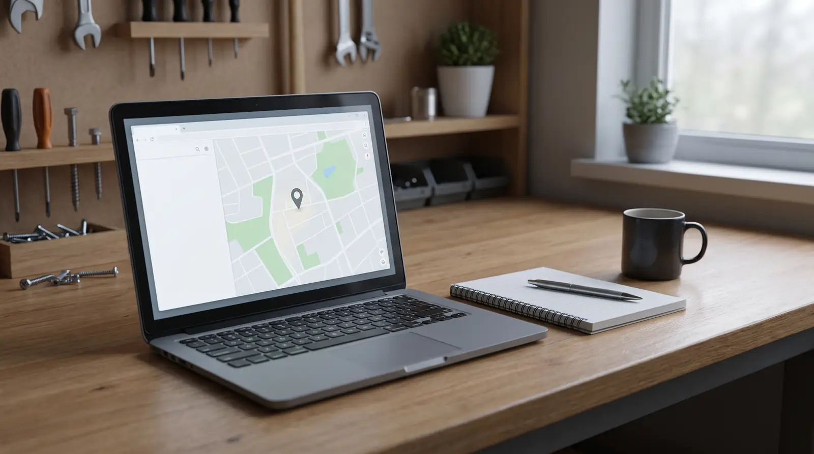 A laptop on a workshop bench showing a plain map with a pin, next to a notepad and coffee