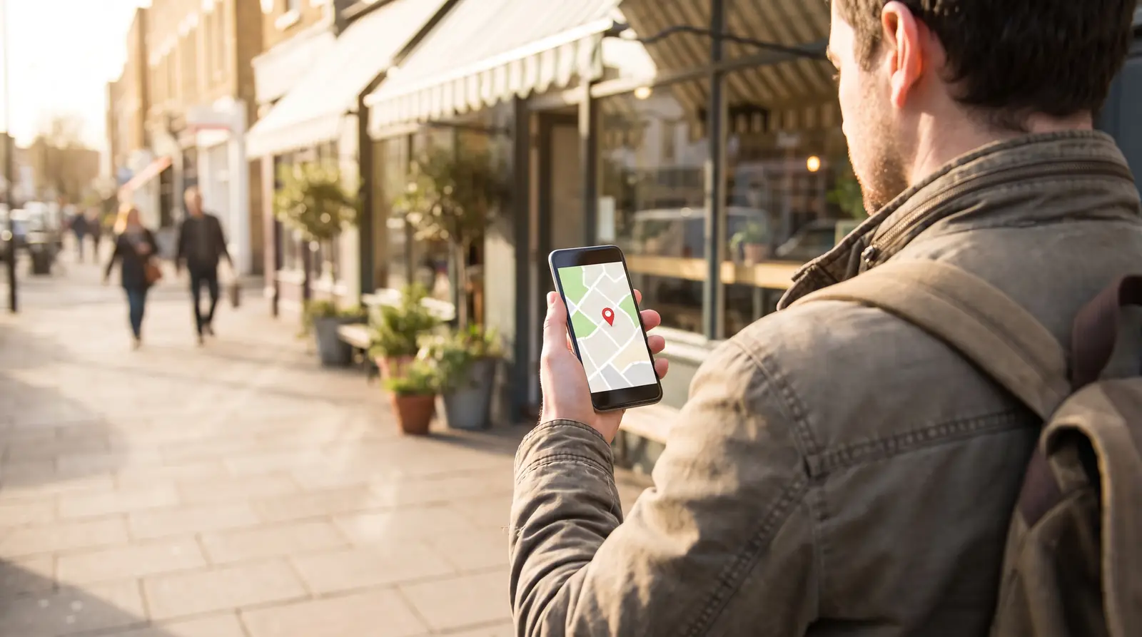 A person standing outside a small shop holding a phone that shows a map with one pin