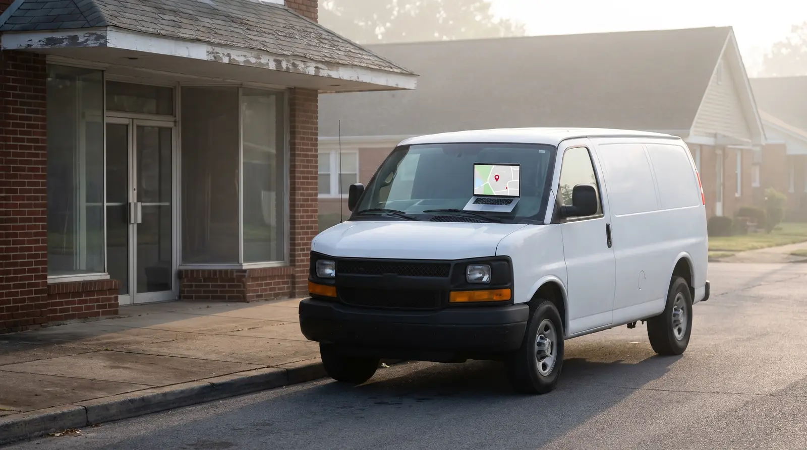 A service van parked outside a storefront with a laptop showing a map on the passenger seat