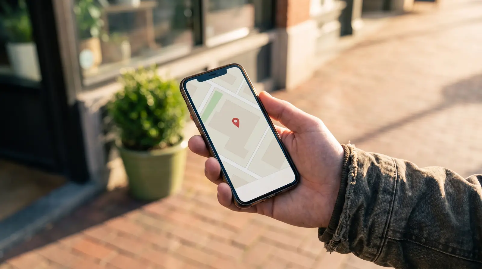 A hand holding a phone showing a map with one location pin outside a small shop