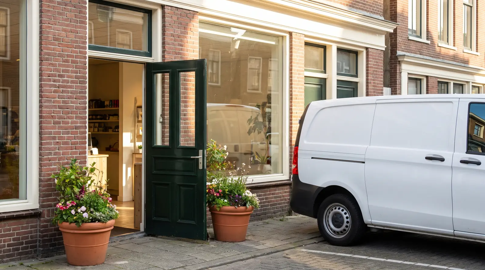 A small neighborhood storefront with an open door and a service van parked outside