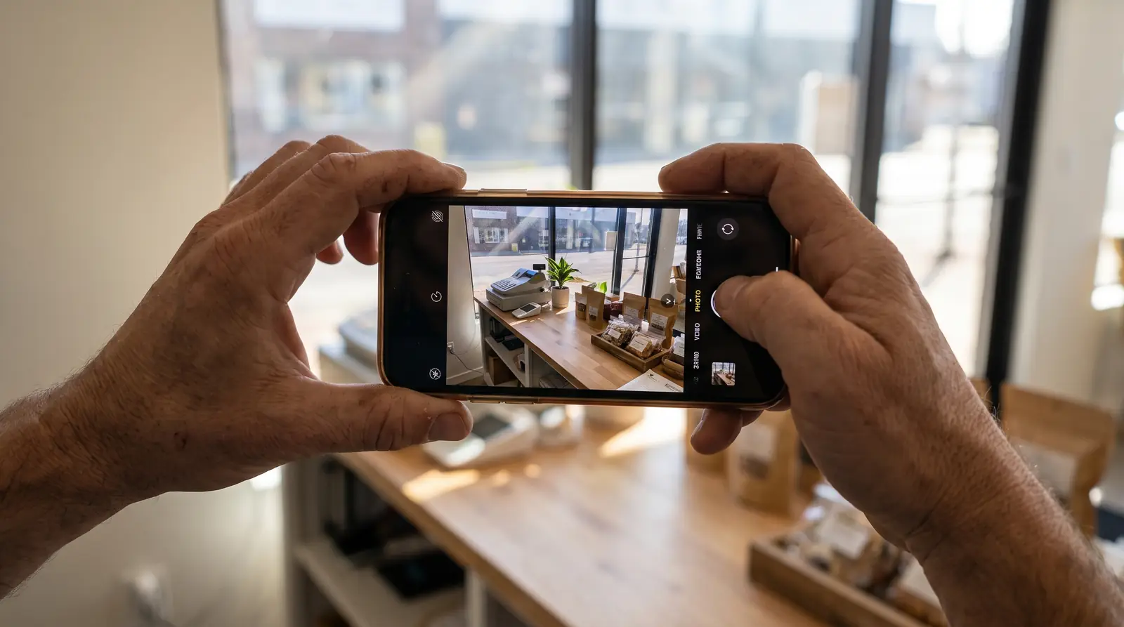 A shop owner taking a photo of the front counter with a phone