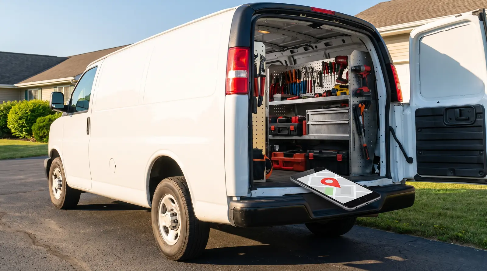 A service van in a driveway with a phone showing a map pin
