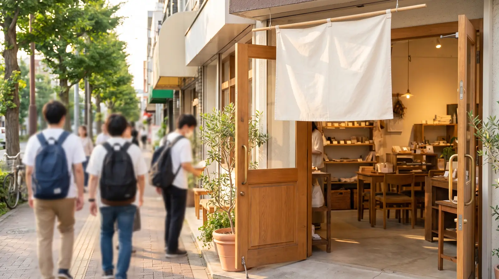 A small local shop on its opening day with the door open and customers walking in