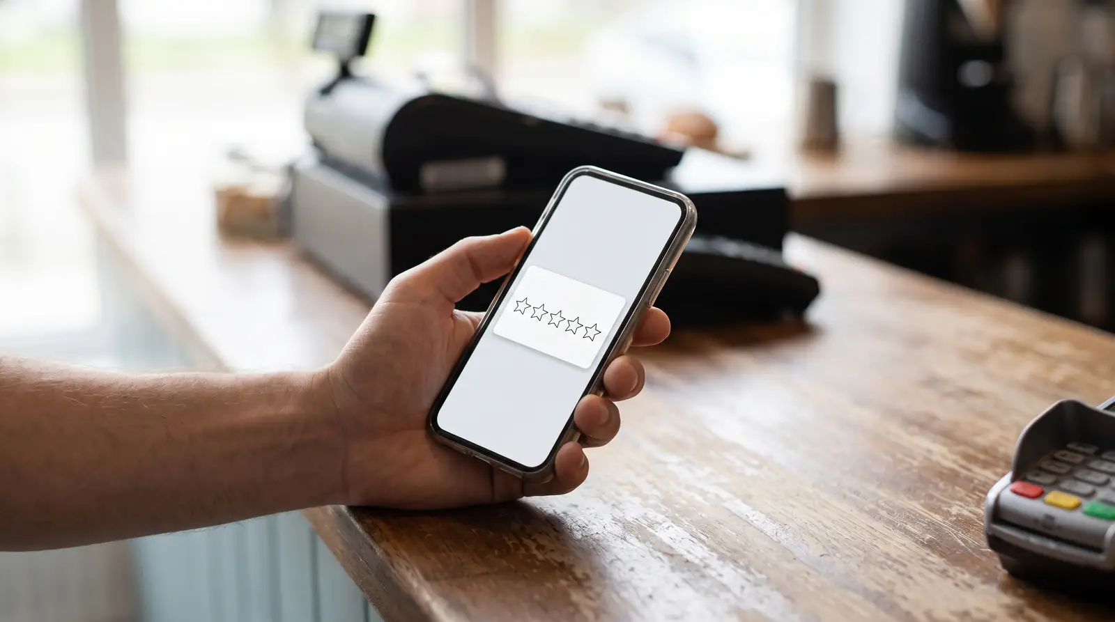 A customer holding a phone showing a five star rating row at a small business counter