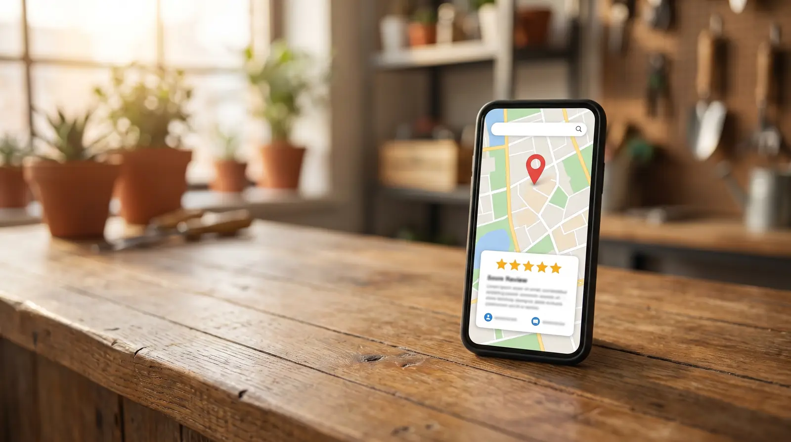 Phone on a shop counter showing a map pin and five-star reviews