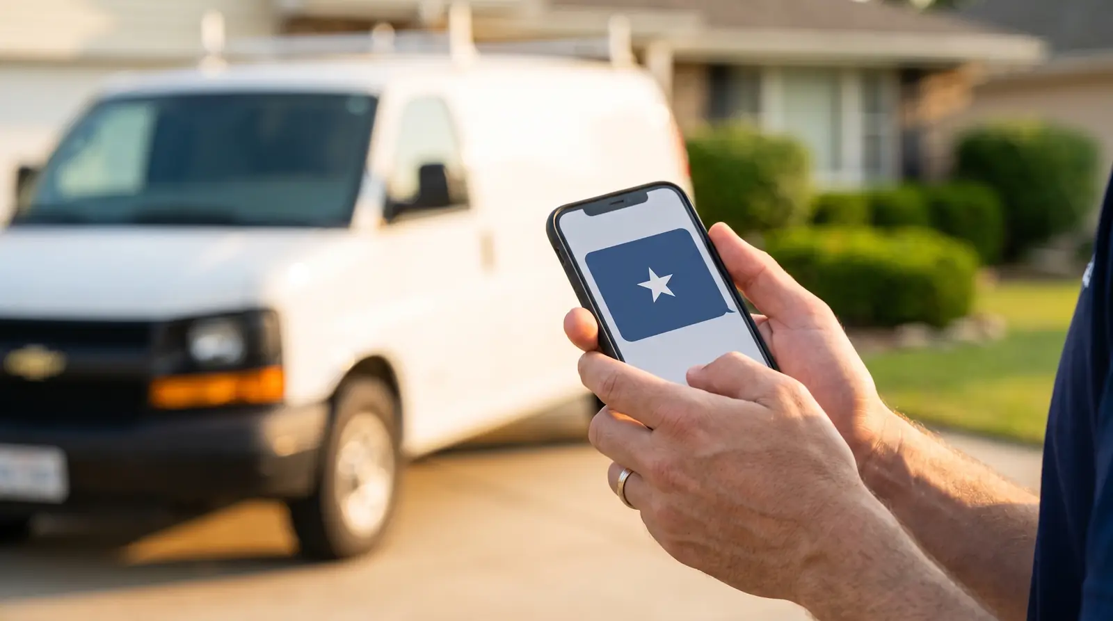 Service pro sending a review request text from a phone after a job